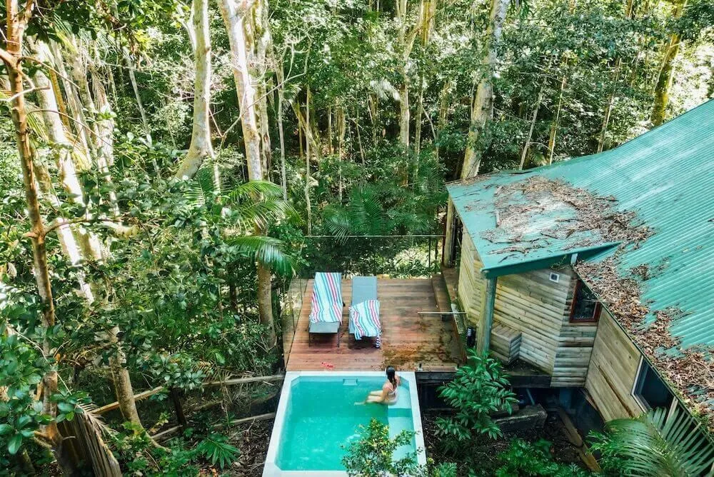 Square plunge pool on a deck in the rainforest