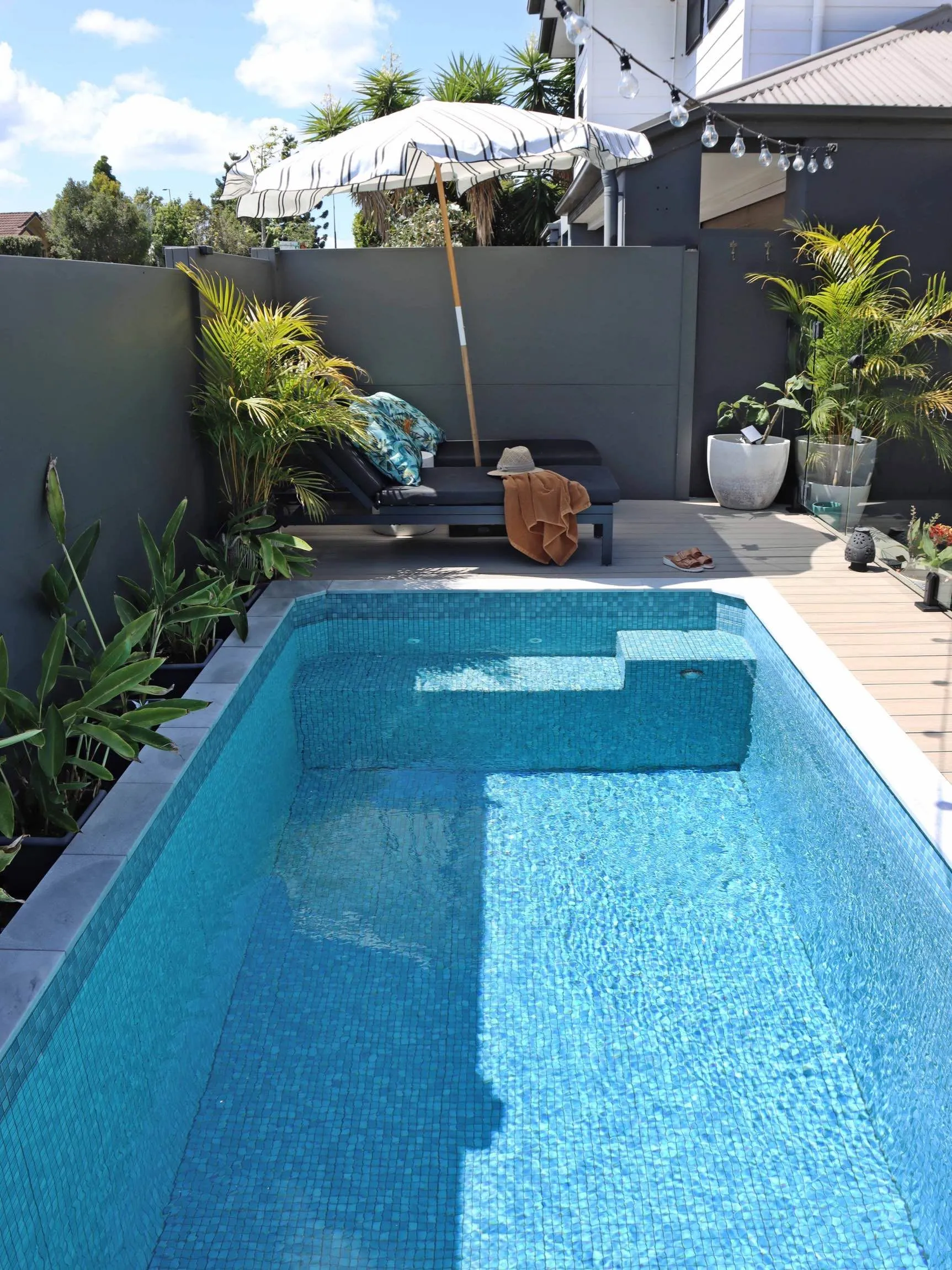 Rectangular plunge pool with built-in steps in a courtyard garden
