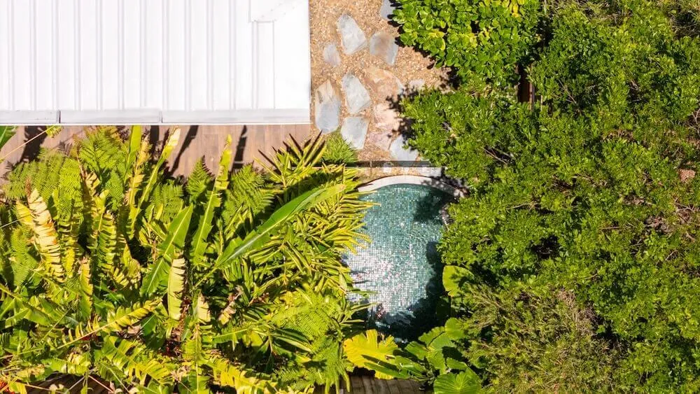 An aerial view of a Harmony pool tucked between tropical planting and a stone wall