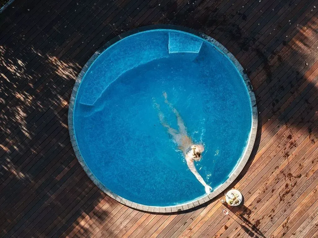 The Bliss round plunge pool viewed from above on a timber deck
